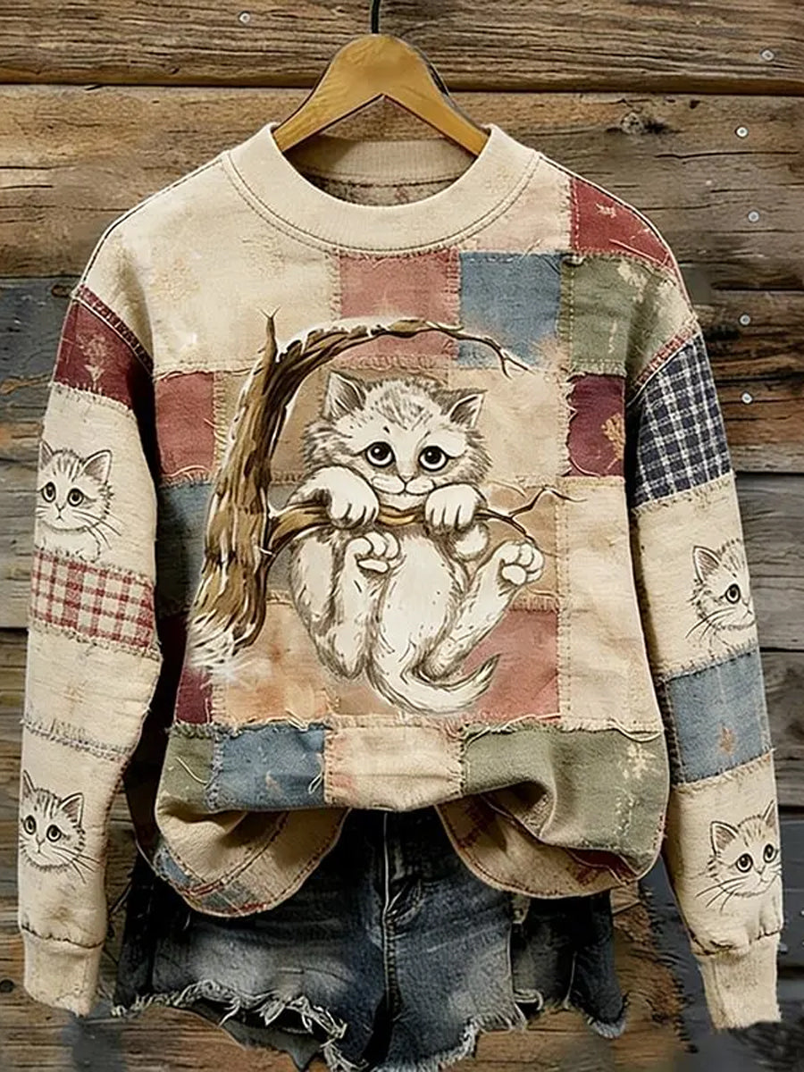 Ženski Vintage Opalite Kitten u stablo u patchwork umjetnost udobno znojišta