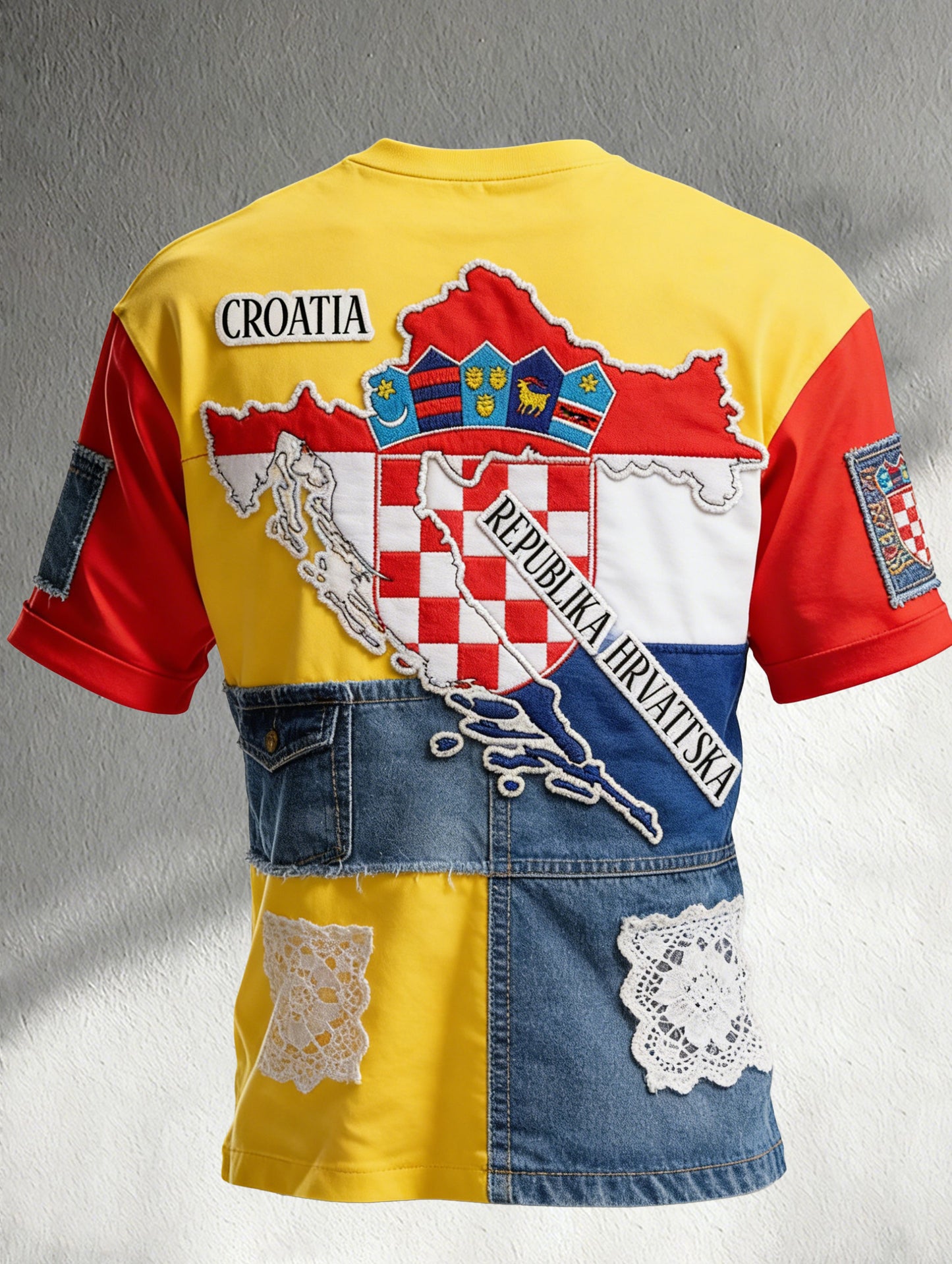Muška majica s umjetničkom grafikom u crveno-bijelu kocku u hrvatskom stilu