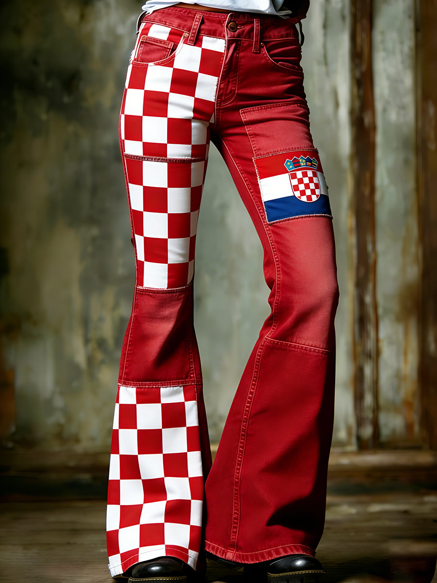Retro hrvatski stil patchwork umjetnički otisak ležerne traperice