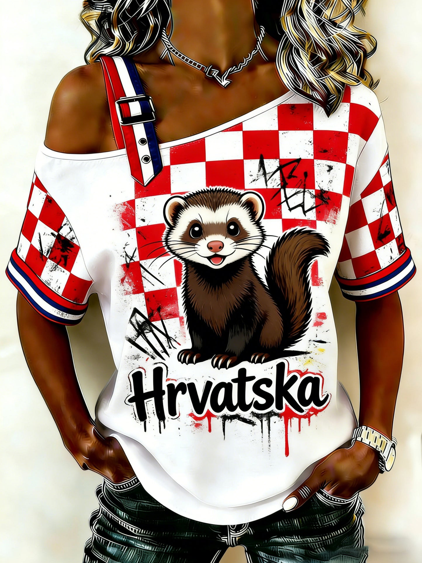 Ženska hrvatska crvena i bijela dama umjetnost Ispis smještena T-shirta