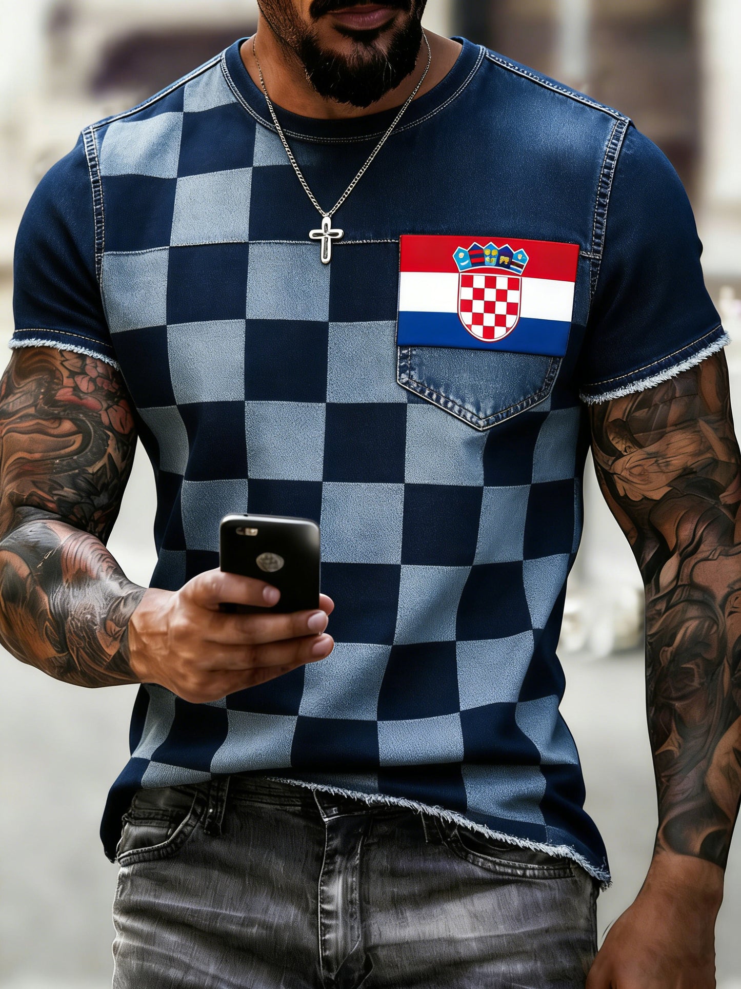 Muška majica s umjetničkom grafikom u crveno-bijeloj kocki