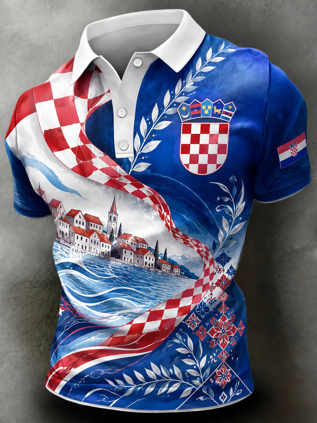 Polo majica za muškarce s umjetničkom grafikom u patchwork stilu s hrvatskom zastavom