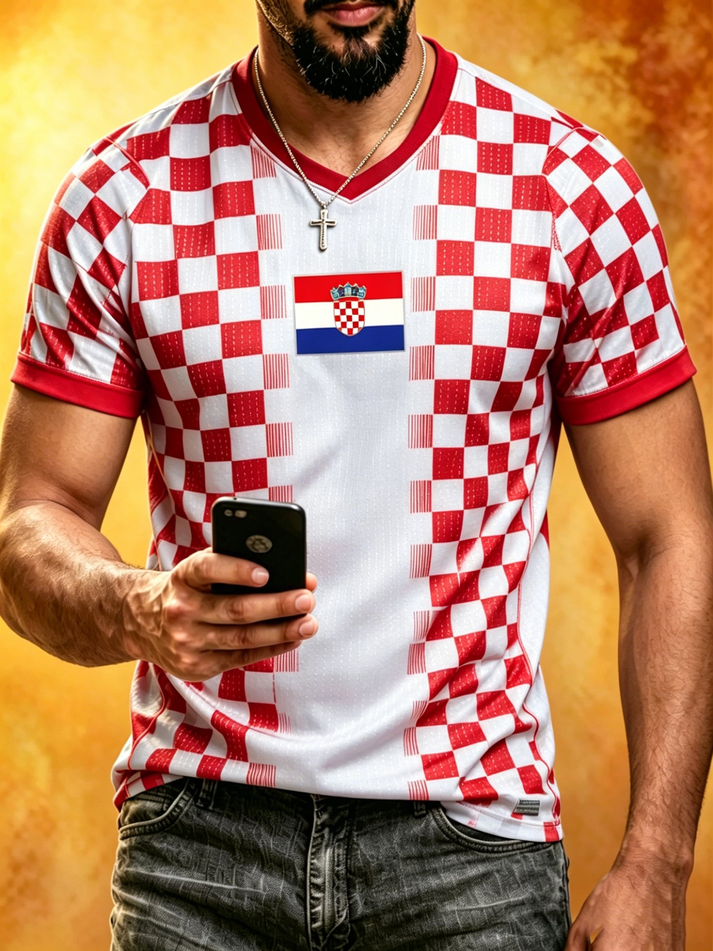 Muški majica s uzorkom u stilu križnog šiva, s motivom hrvatske nogometne utakmice i umjetničkim printom