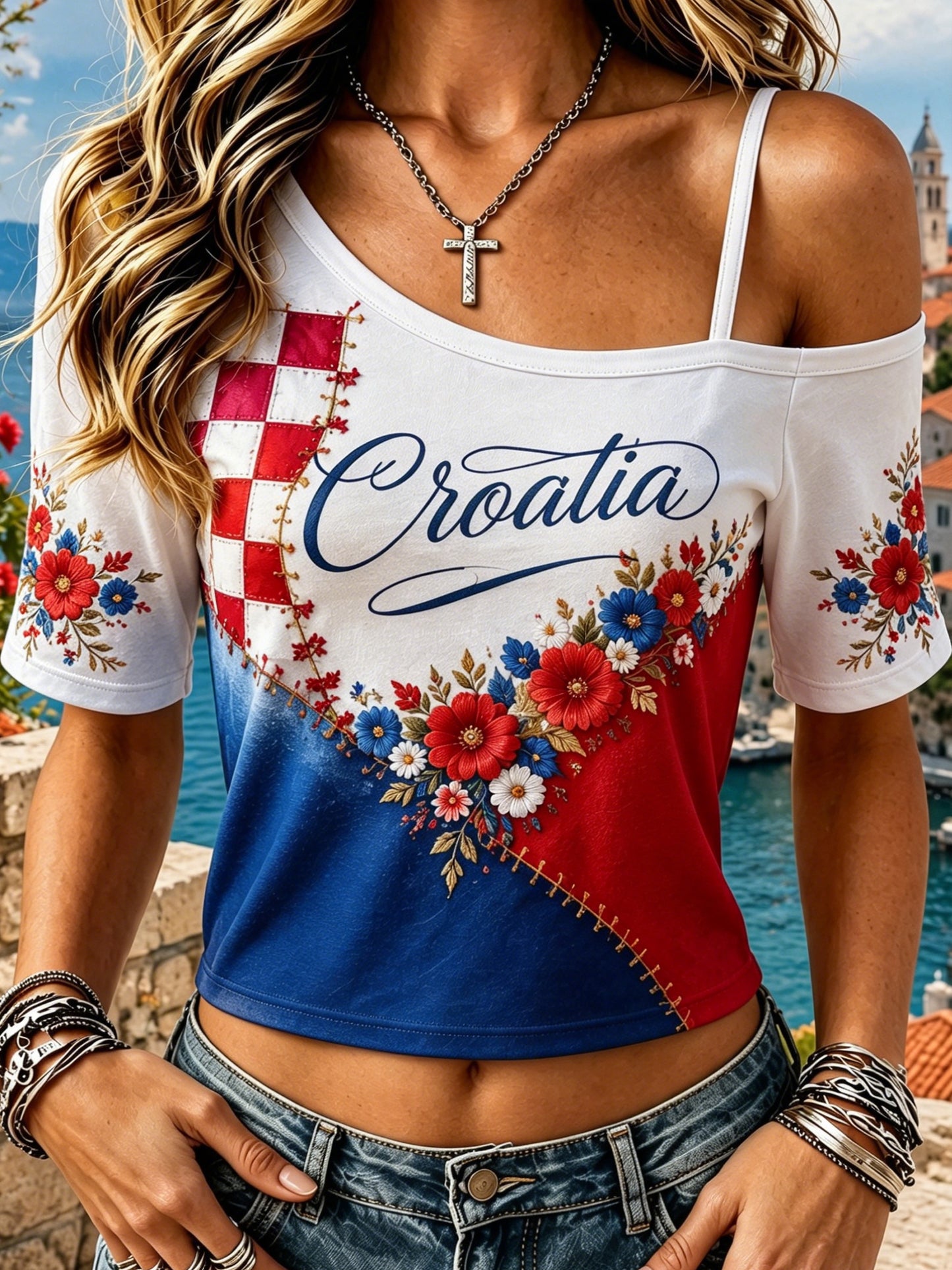 Ženski hrvatski top s cvjetnim uzorkom i ramenima otkrivenim do ramena