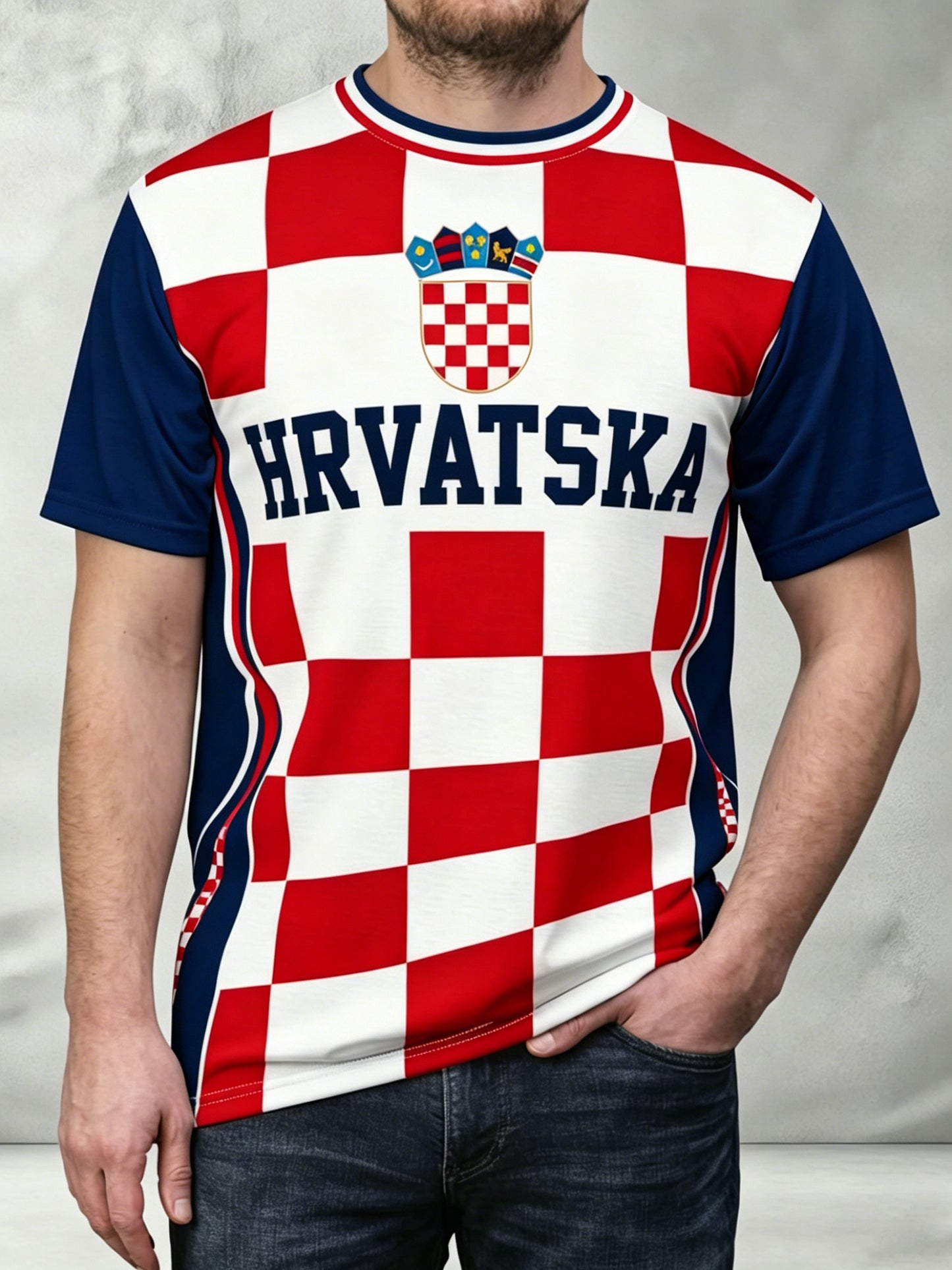 Muška majica s umjetničkom grafikom hrvatske nogometne utakmice i navijačkim elementima