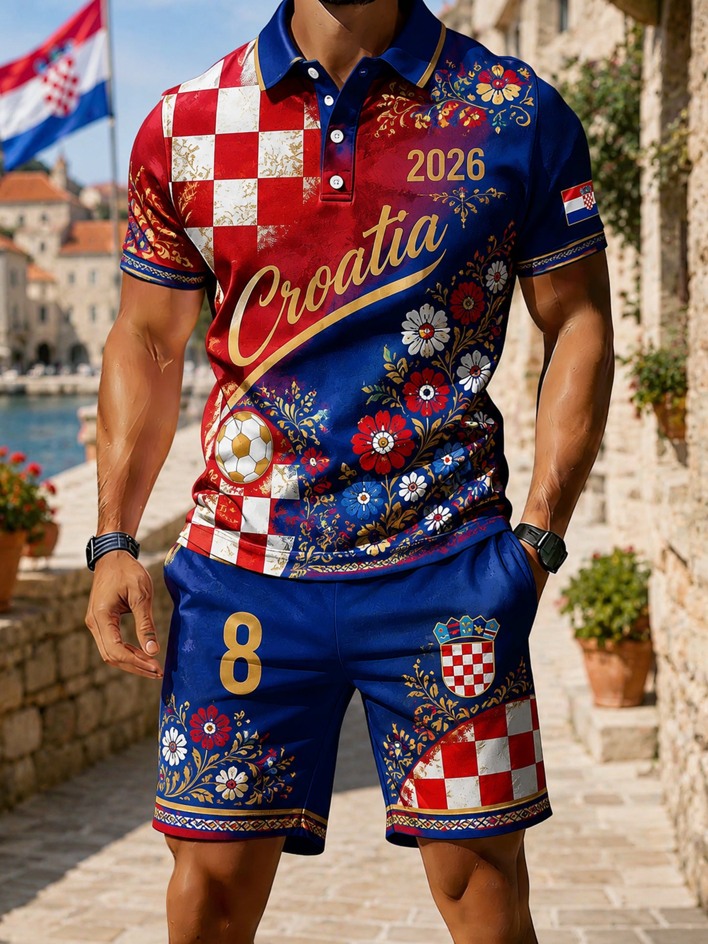 Muška majica polo s hrvatskim nogometnim motivima i umjetničkim otiskom