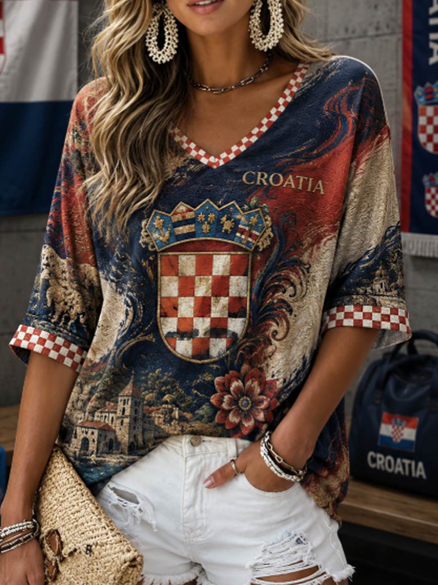 Ženska majica s rukavima srednje duljine i V-izrezom