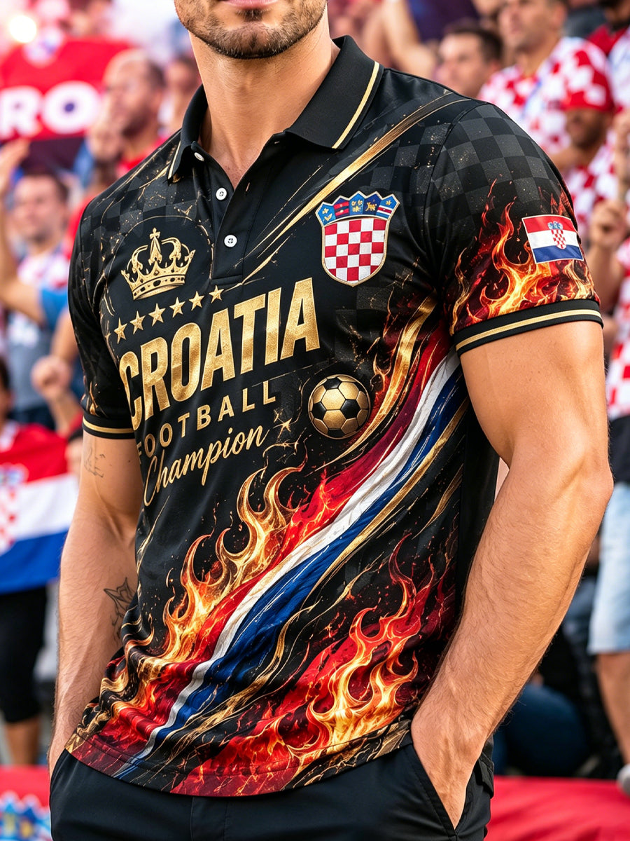 Muška majica polo s V-izrezom s umjetničkom grafikom navijanja na hrvatskoj nogometnoj utakmici