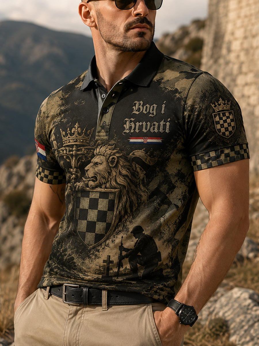 Muška majica polo s umjetničkim printom, vojno inspirirana, hrvatska