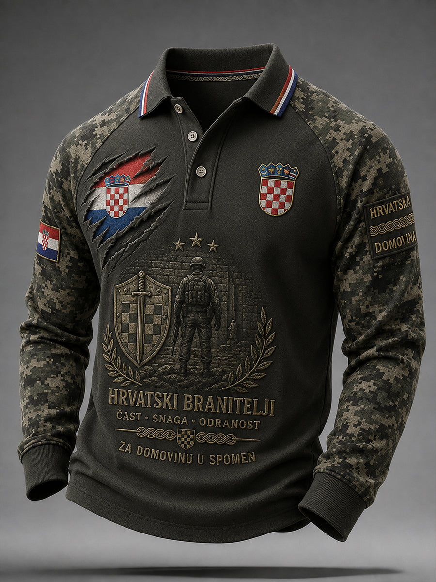 Muška raglan polo majica s dugim rukavima i kamuflažnim uzorkom, s veteranskom tematikom