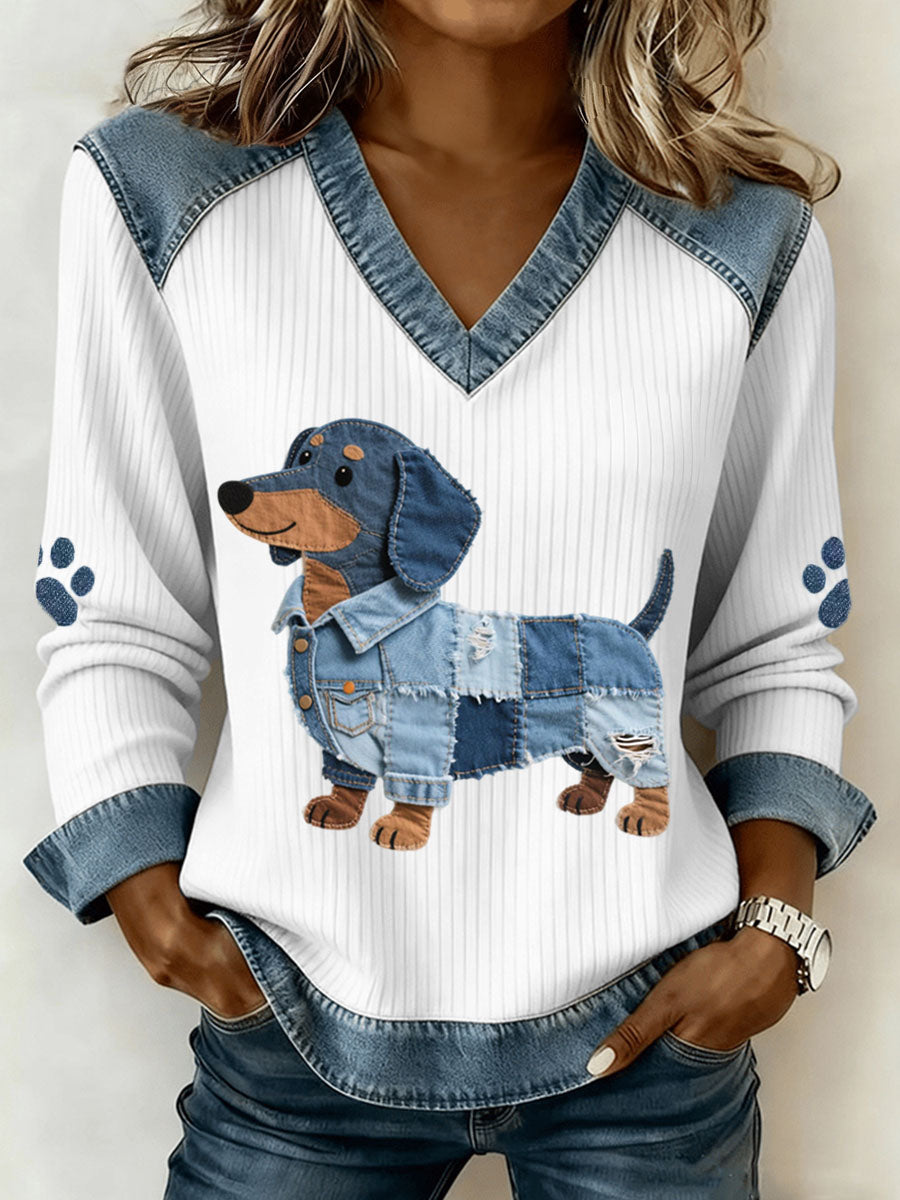 Ženski slatki obrazac Denim patchwork umjetnost V-vrat vrh