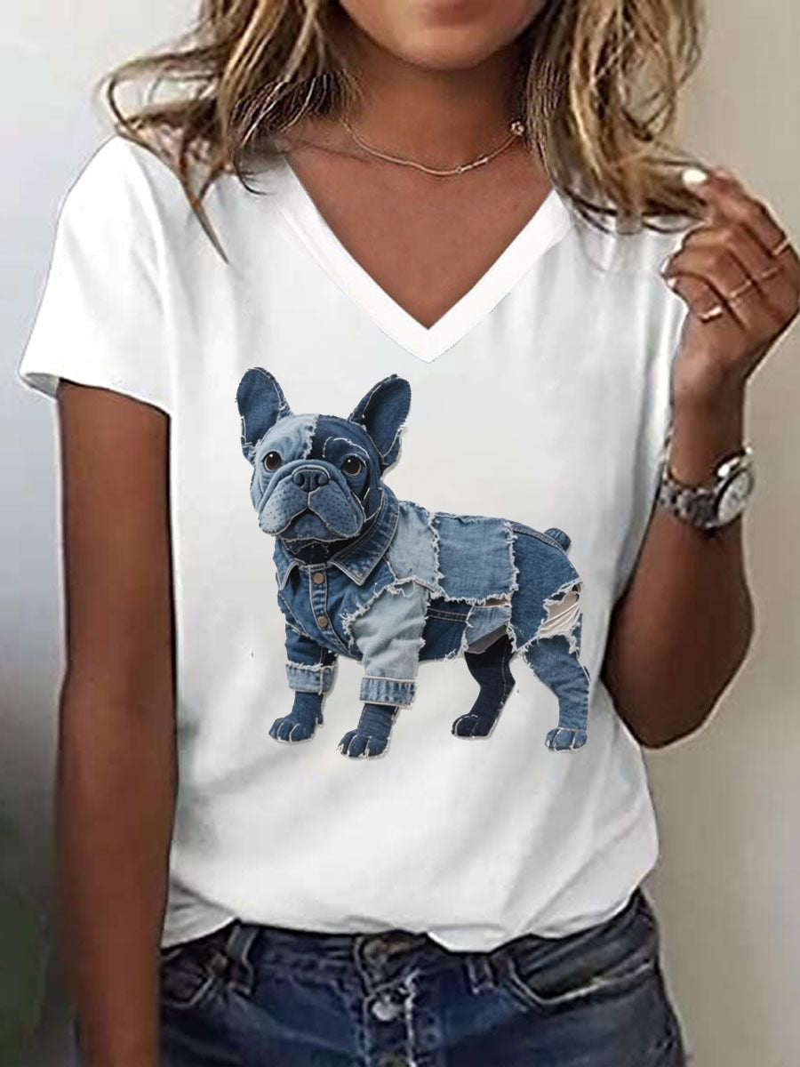 Ženski Bulldog uzorak patchwork umjetnost V-vrat T-majica
