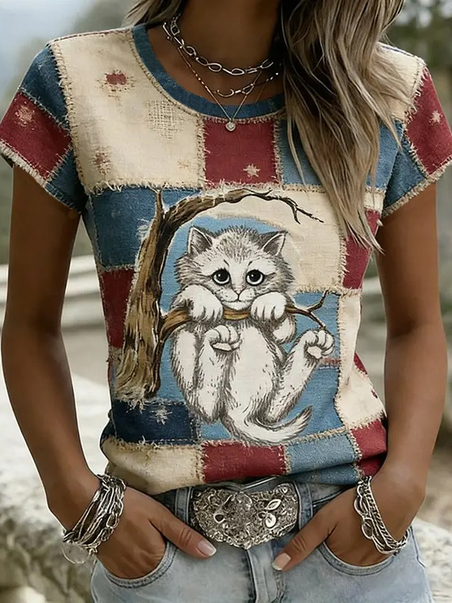 Ženski Vintage Opalit Kitten u stablu s patchwork Art Kratki rukav majica