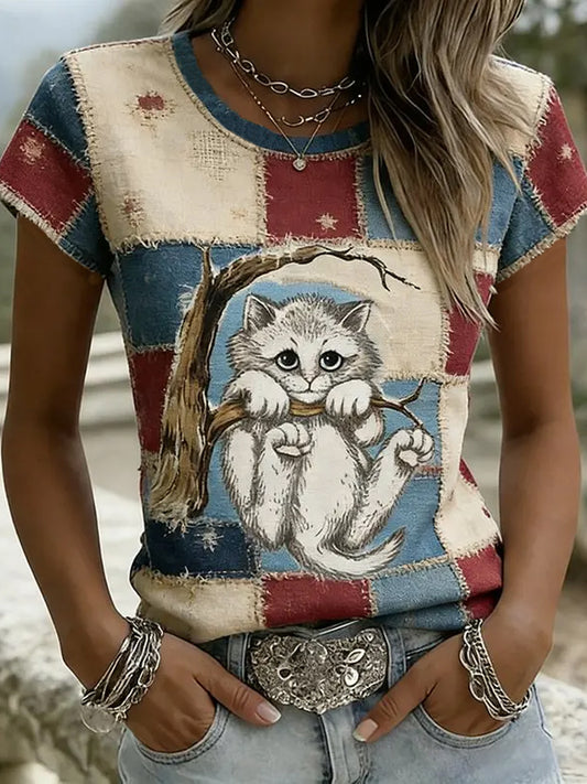 Ženski Vintage Opalit Kitten u stablu s patchwork Art Kratki rukav majica