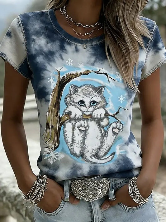 Ženski Opalit Kitten u stablu s kravatom boje Art kratkim rukavom majicu