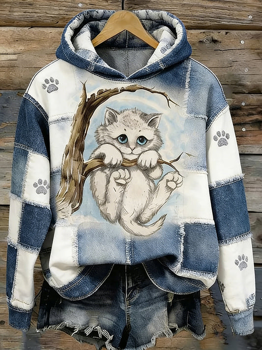 Ženski Vintage Opalite Kitten u stablo u patchwork umjetnost Cozy Hoodie.