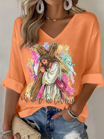 Kako nas voli hrišćanski Uskrs Print Casual Dugo-sleeve Vafl majice.