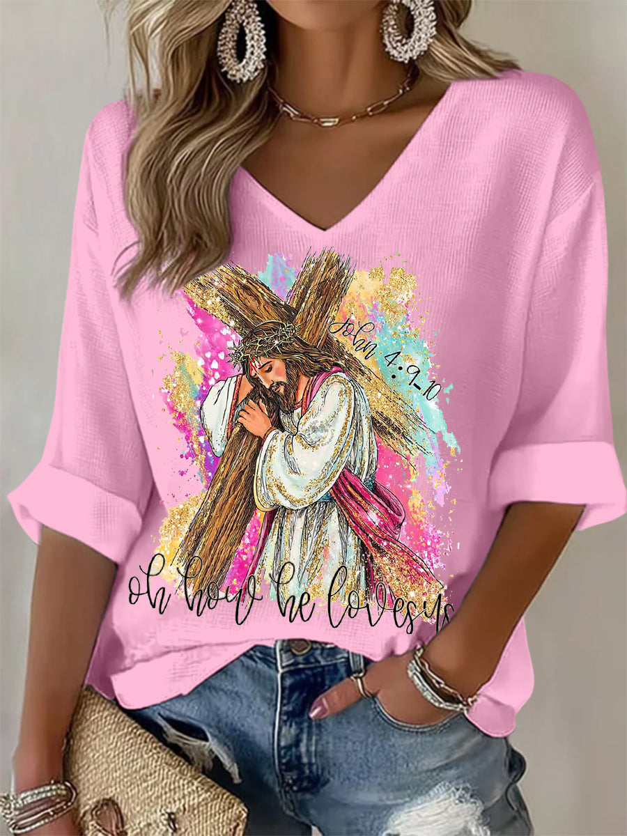 Kako nas voli hrišćanski Uskrs Print Casual Dugo-sleeve Vafl majice.