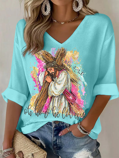 Kako nas voli hrišćanski Uskrs Print Casual Dugo-sleeve Vafl majice.