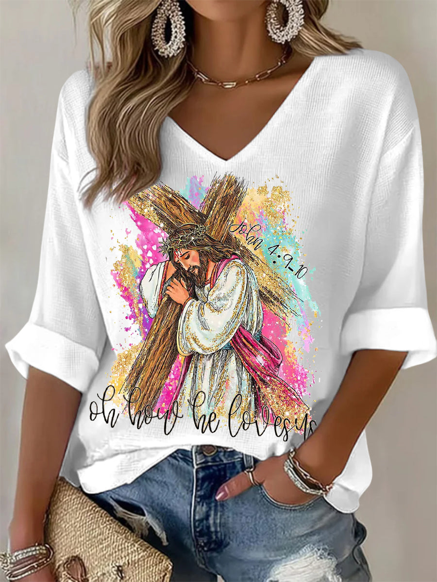 Kako nas voli hrišćanski Uskrs Print Casual Dugo-sleeve Vafl majice.