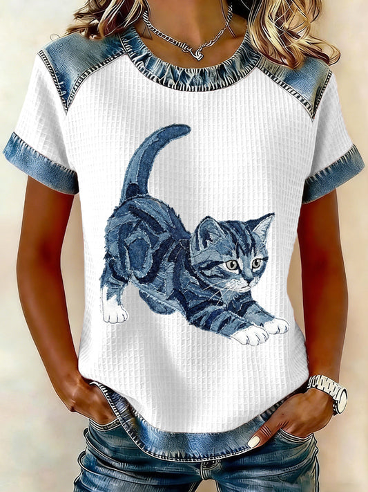 Ženska ljupka mačka uzorak Denim patchwork vrh