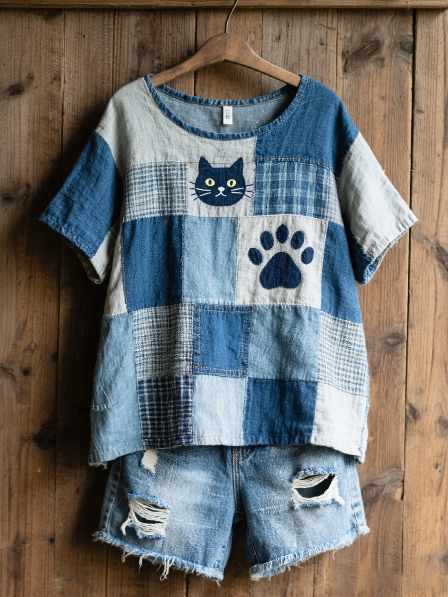 Ženska lijepa košulja s uzorkom mačke u patchwork stilu od ljetne tkanine s umjetničkim motivom