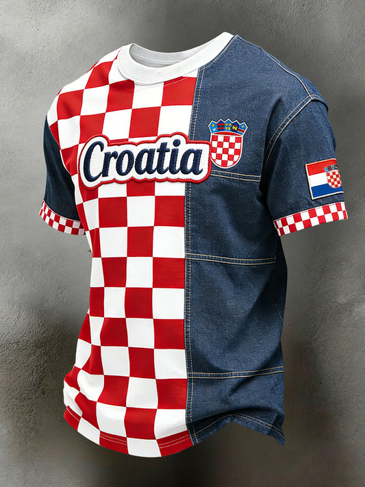 Muška majica s umjetničkim patchwork uzorkom i natpisom na hrvatskom jeziku