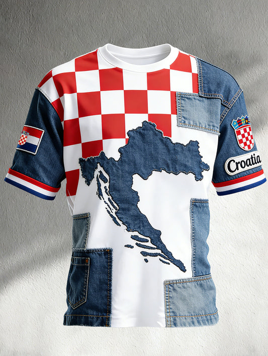 Muška majica s hrvatskom umjetnošću patchwork zastavom i šarenim printom