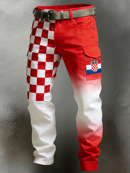 Muške hrvatske crveno-bijele kockaste hlače s umjetničkim patchwork uzorkom