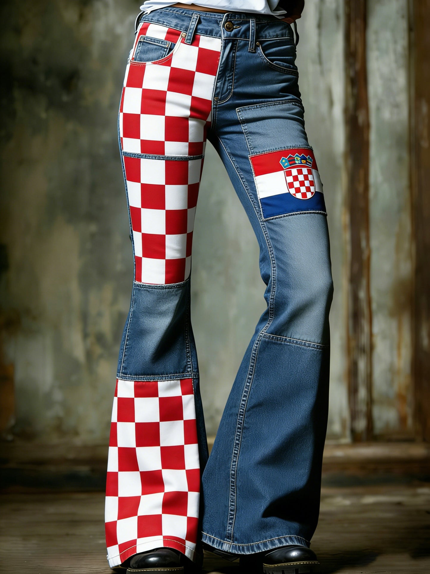 Ženske hrvatske crveno-bijele kockaste hlače s patchwork dizajnom i umjetničkim printom