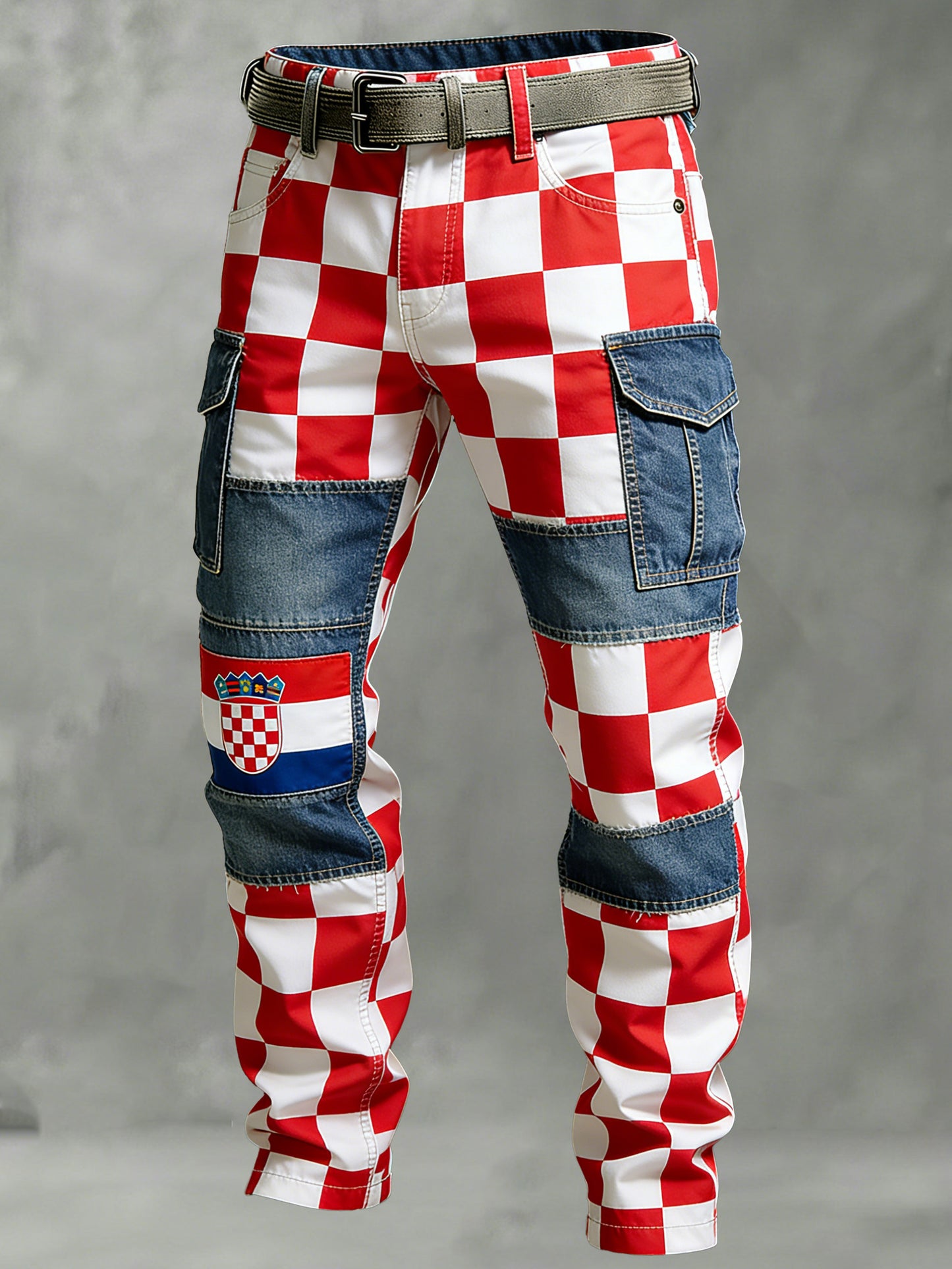 Muške hrvatske crveno-bijele kockaste hlače s umjetničkim patchwork uzorkom