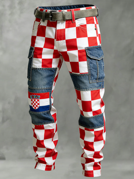 Muške hrvatske crveno-bijele kockaste hlače s umjetničkim patchwork uzorkom