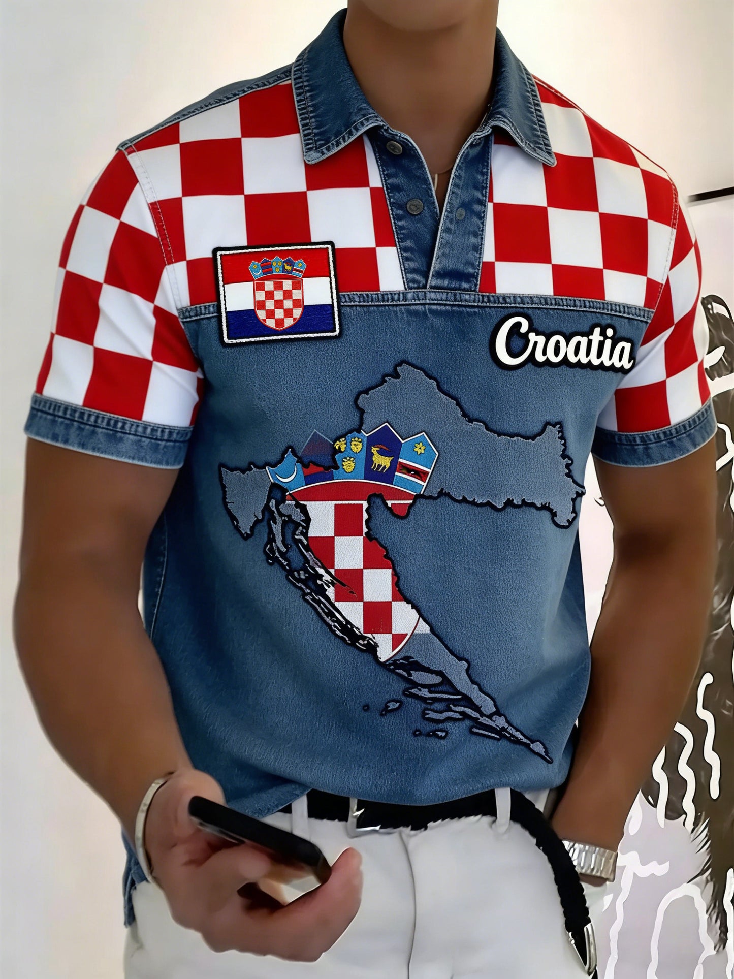 Muška hrvatska crvena i bijela davačka ploča s polo