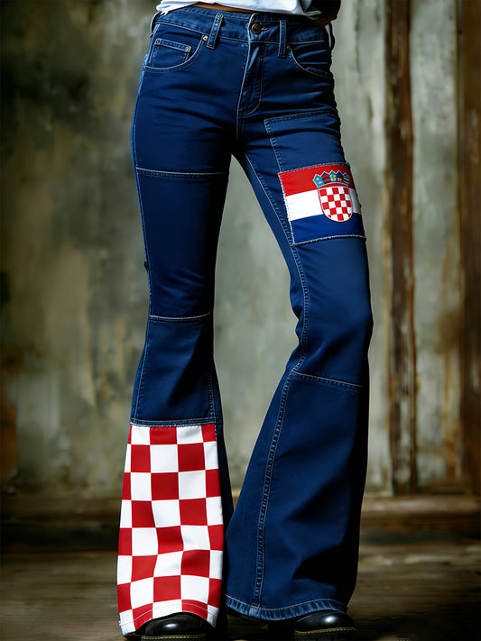 Retro hrvatski stil patchwork umjetnički otisak ležerne traperice