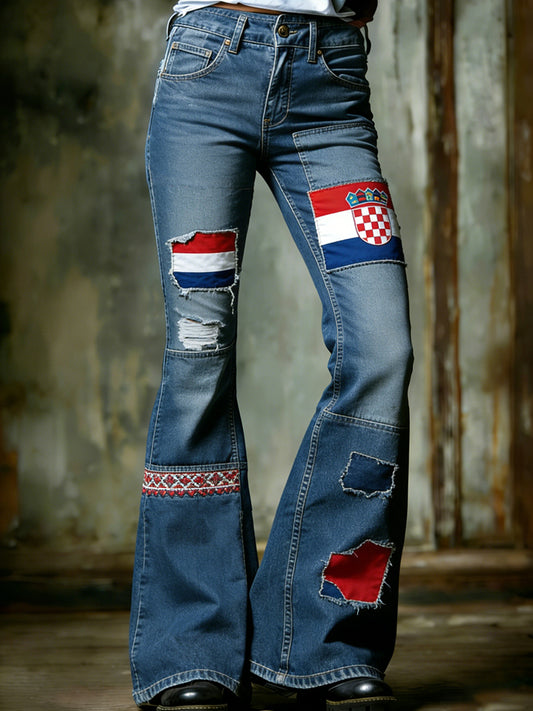 Retro hrvatsko-Stila patchwork Art Print Casual Jeans