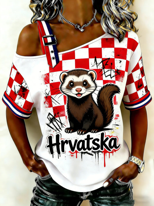 Ženska hrvatska crvena i bijela dama umjetnost Ispis smještena T-shirta