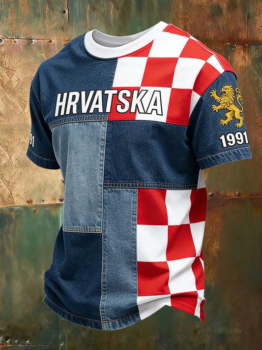 Muška majica s umjetničkom grafikom u crveno-bijeloj kocki