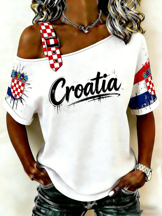 Ženska hrvatska crvena i bijela umjetnost Tiska off-Shoulder T-shirt