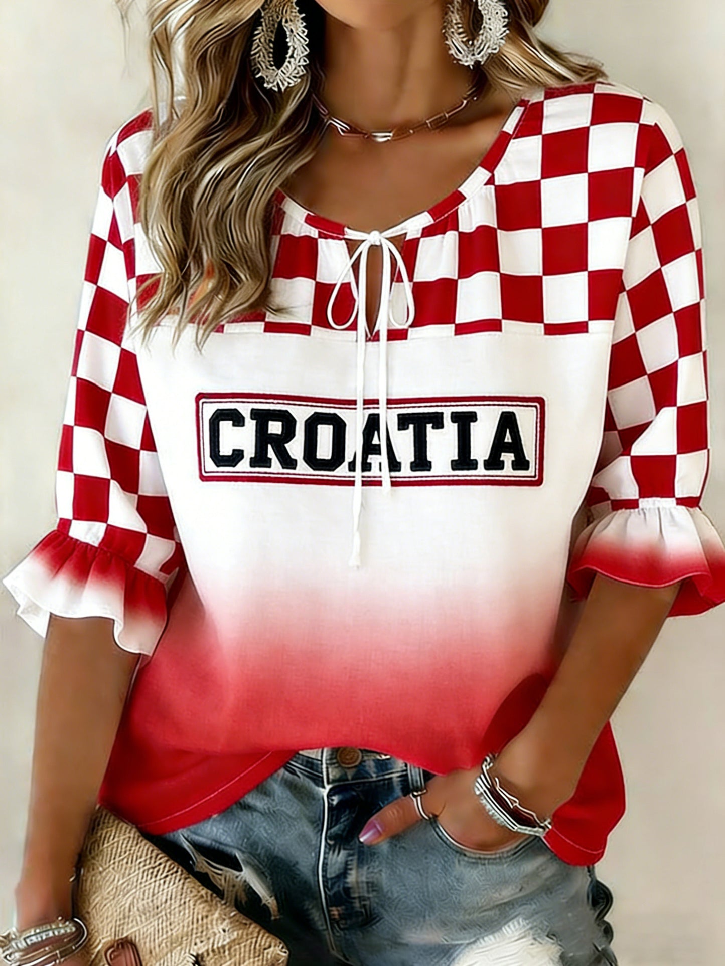 Ženska majica s umjetničkom grafikom u crveno-bijeloj kocki, Hrvatska