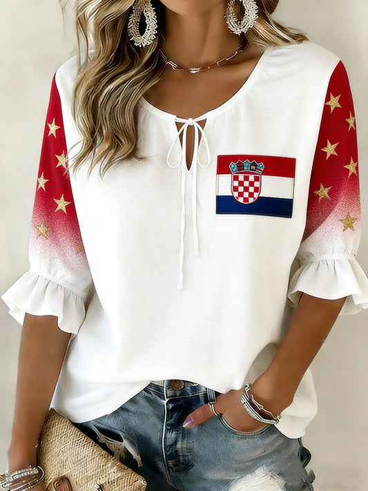 Ženska majica s umjetničkom grafikom u crveno-bijeloj kocki, Hrvatska