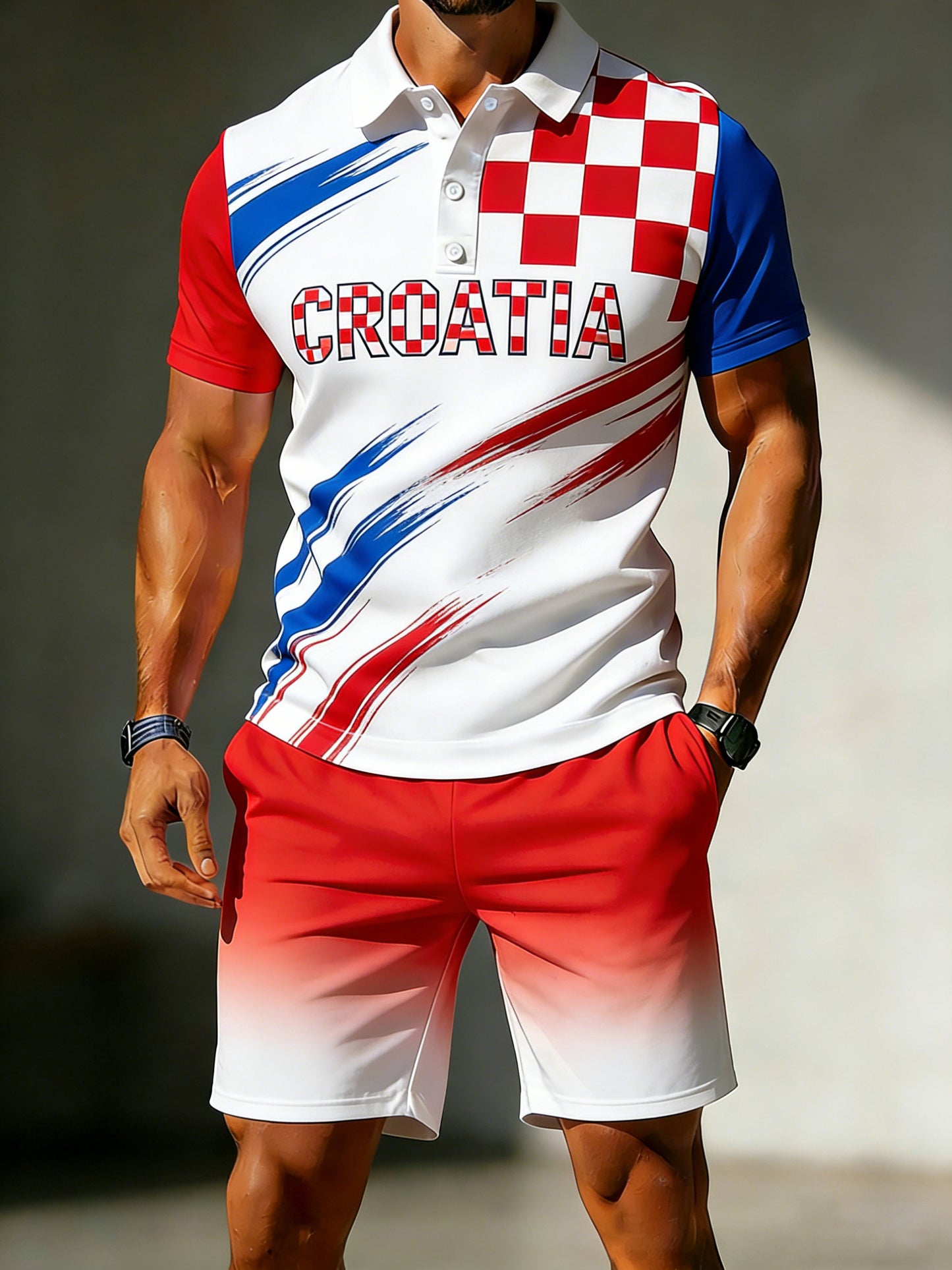 Pristojni set polica s kratkim rukavima za muškarce s umjetničkim uzorkom nadahnutim Hrvatskom
