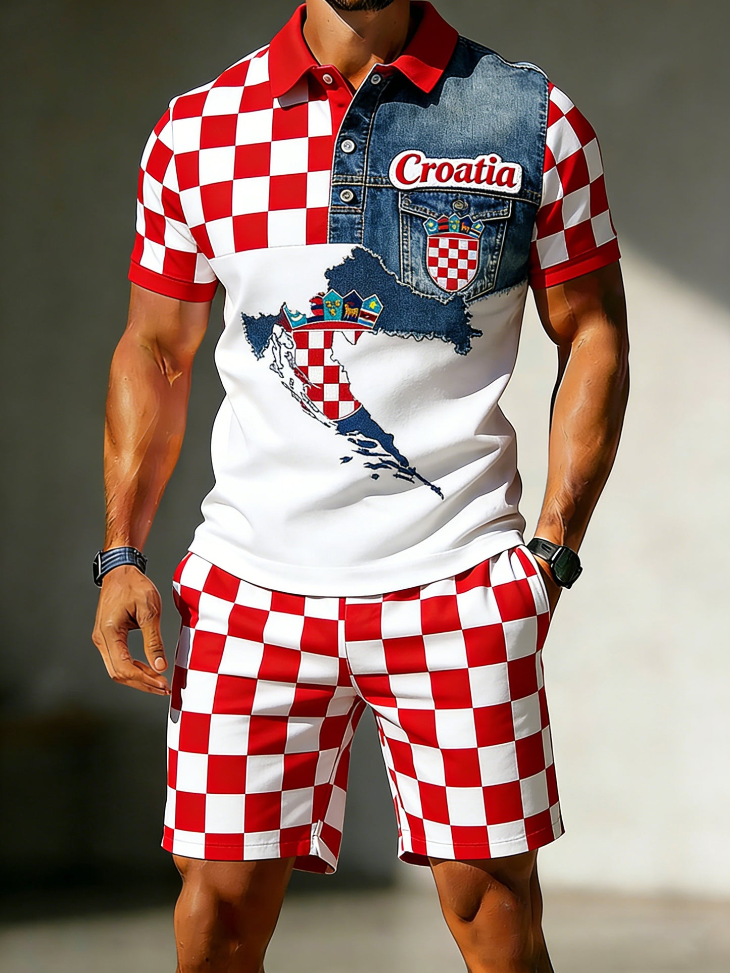 Pristojni set polica s kratkim rukavima za muškarce s umjetničkim uzorkom nadahnutim Hrvatskom