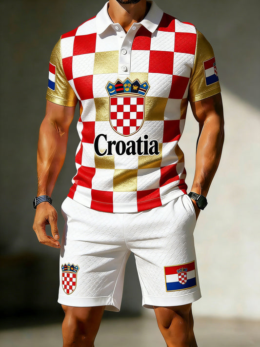 Muški set polo majica s umjetničkom grafikom nogometne utakmice u crveno-bijelom šahovskom uzorku – Hrvatska