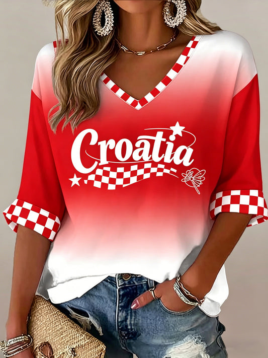 Ženska umjetnička tisak majica s V-izrezom u bojama hrvatske zastave