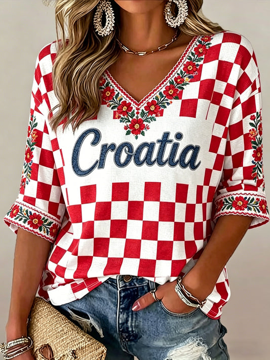 Ženska hrvatska zastavna shema umjetnost Print V-vrat T-majica