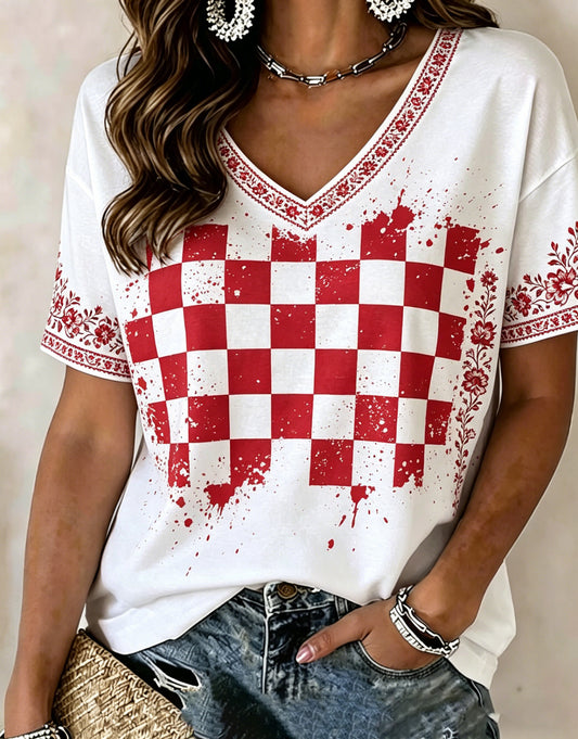 Ženska majica s V-izrezom s prigodnom umjetničkom grafikom u bojama hrvatske zastave
