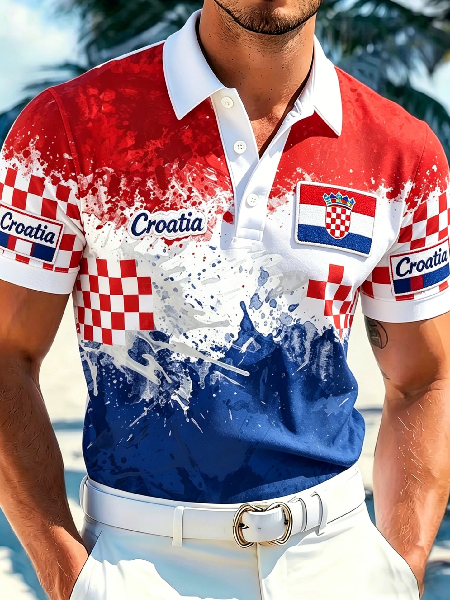 Muška hrvatska crvena i bijela likovna umjetnost Tiskati Polo košulja