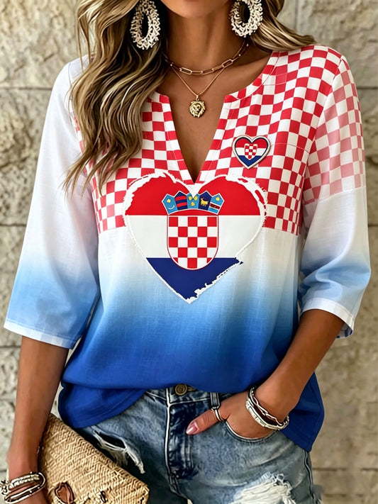 Ženski hrvatski crveno-bijeli kockasti umjetnički print top s V-izrezom