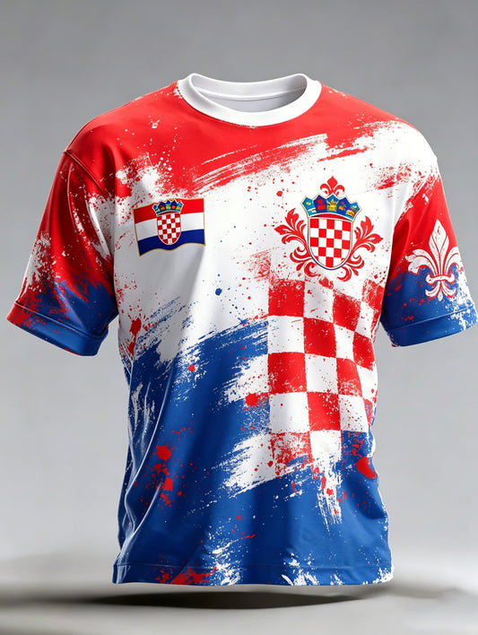 Muška umjetnička majica s kratkim rukavima u crveno-bijelu kocku, hrvatska tema
