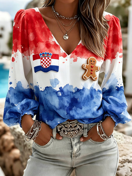 Ženska majica s umjetničkom grafikom u crveno-bijelom karo uzorku, Hrvatska